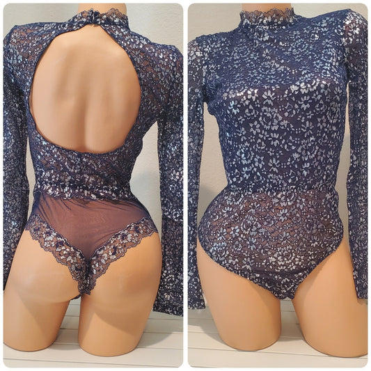 Victoria's Secret Vintage Shiny Teddy Bodysuit Snap Gusset Blue Silver 6/M - Star Vintage & More Star Vintage And More LLC