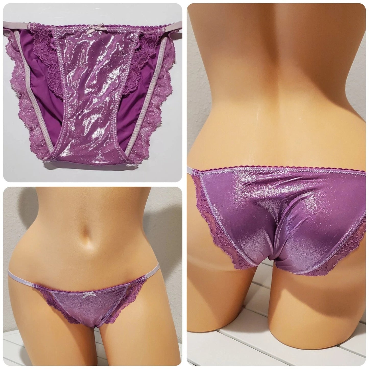 Victoria's Secret Dream Angels String Bikini Panty Shiny Lace Purple Cypress XS