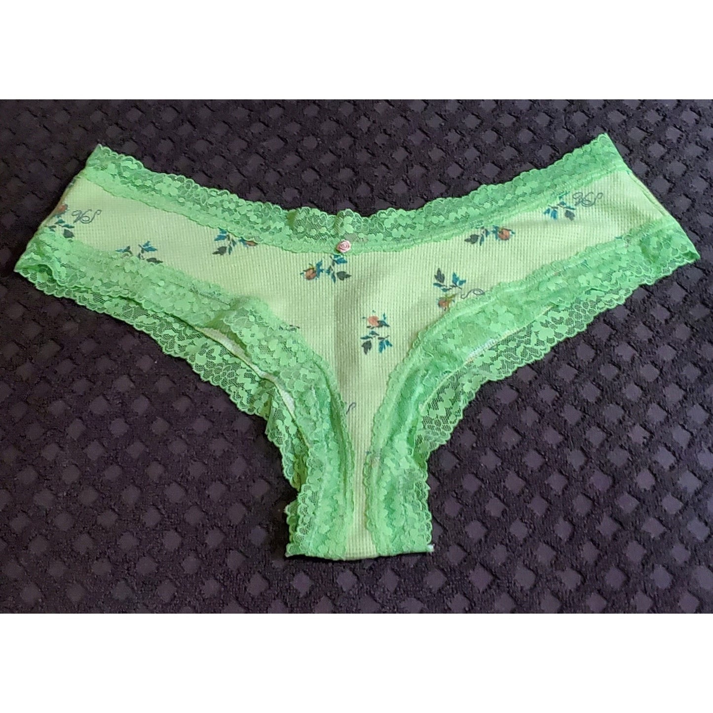 Victoria's Secret Cotton Cheeky Panty Lace Trim Floral Print Green Citron 8/XL