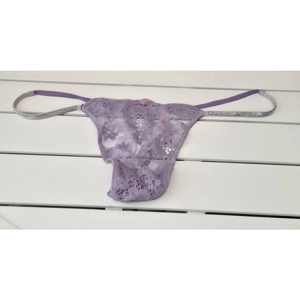 Victoria's Secret Dream Angels Shine Strap Thong Panty Velour Violet Purple 8/XL