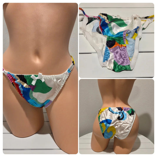 Liquid Satin String Bikini Panty Shiny Double Silk Gusset Print Multi Color Star Vintage And More LLC