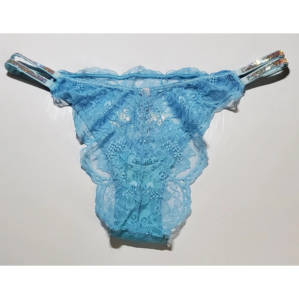 Victoria's Secret Double Shine Strap Brazilian Panty All Lace Baby Blue 9/2XL