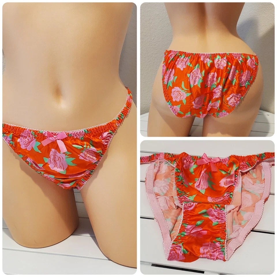 Liquid Satin String Bikini Panty Shiny Double Silk Pink Orange Floral Print 7/L