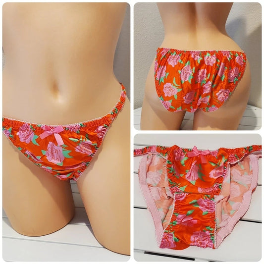 Liquid Satin String Bikini Panty Shiny Double Silk Pink Orange Floral Print 7/L - Star Vintage & More Star Vintage And More LLC