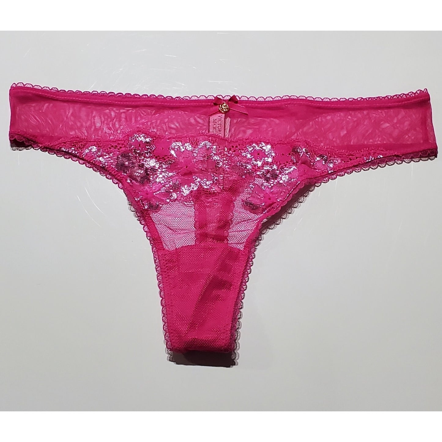 Victoria's Secret Body by Victoria Shiny Floral Thong Sheer Fuchsia Pink 7/L