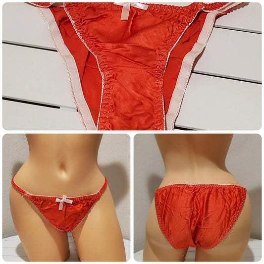 Liquid Satin String Bikini Panty Shiny Double Silk Gusset Pink Strawberry Star Vintage And More LLC