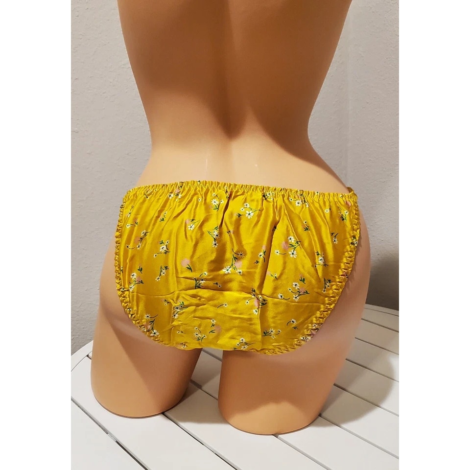 Liquid Satin String Bikini Panty Shiny Double Silk Yellow Little Floral Print