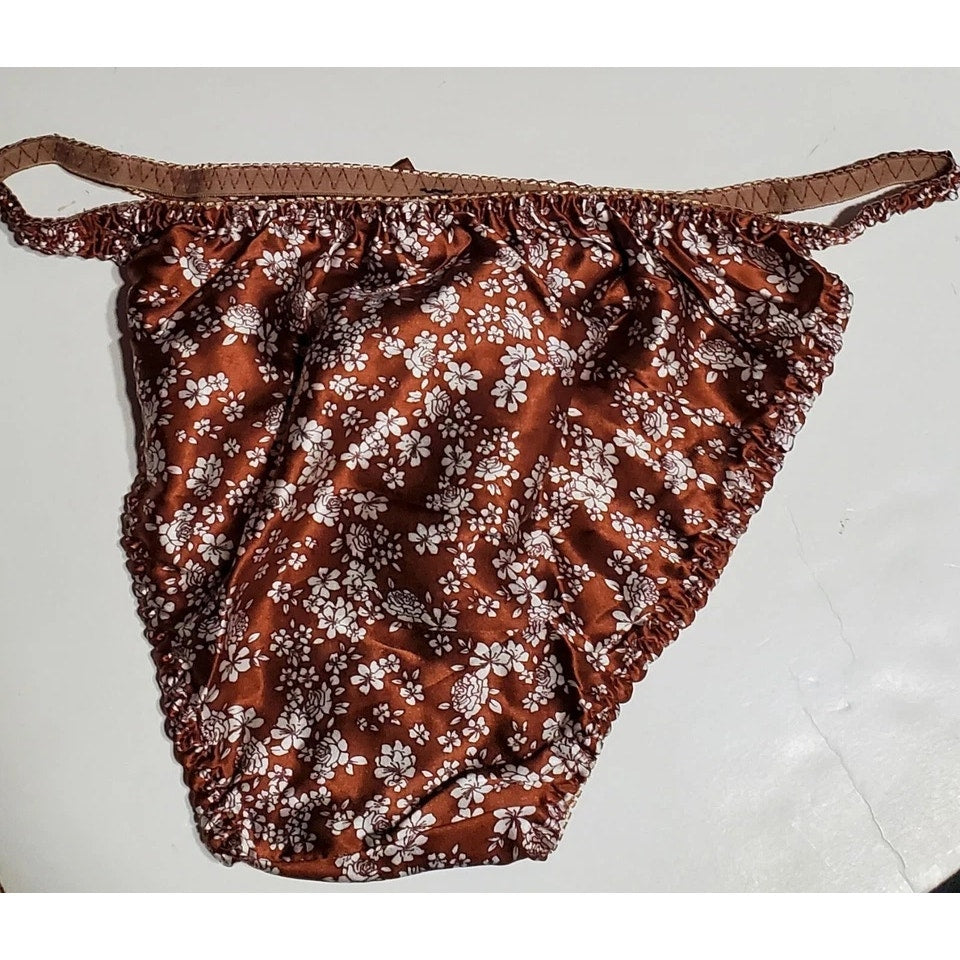 Liquid Satin String Bikini Panty Double Silk Gusset Bronze Little Floral Print 8
