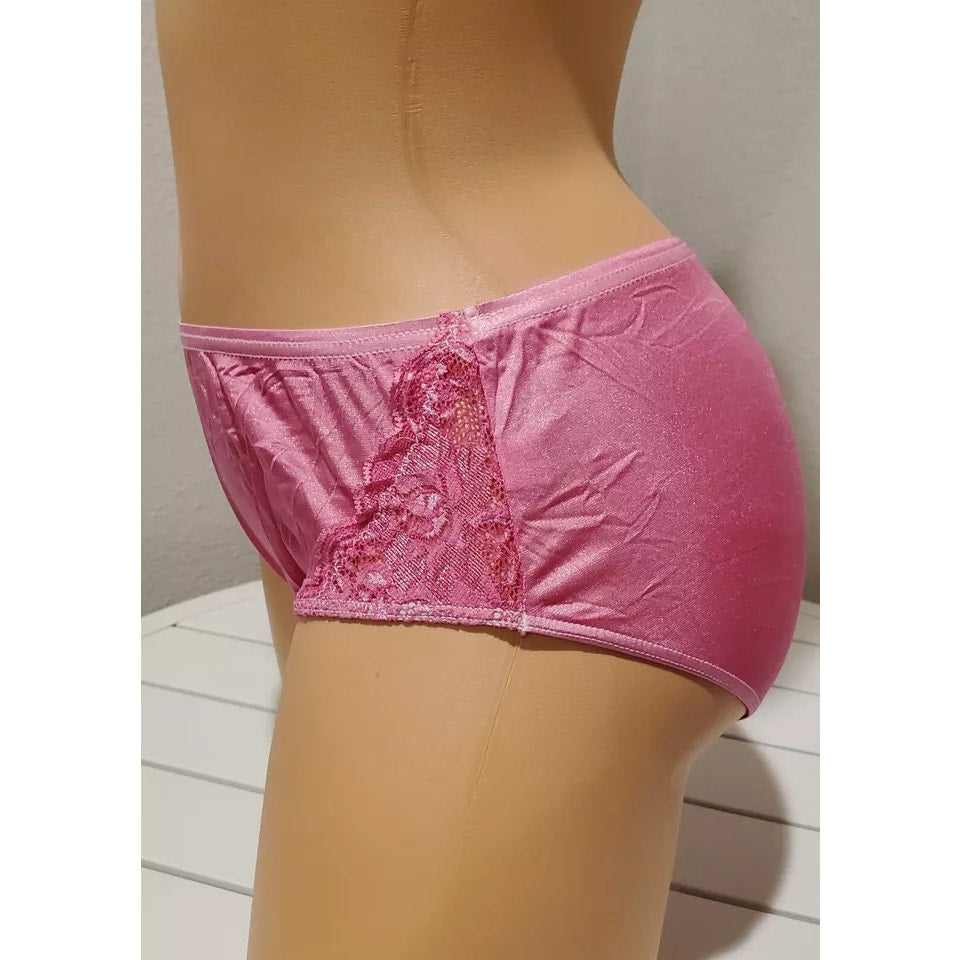 Shadowline 11182 Lace Insets Bikini Panty Shiny Nylon Full Cut Silky Sultry Pink