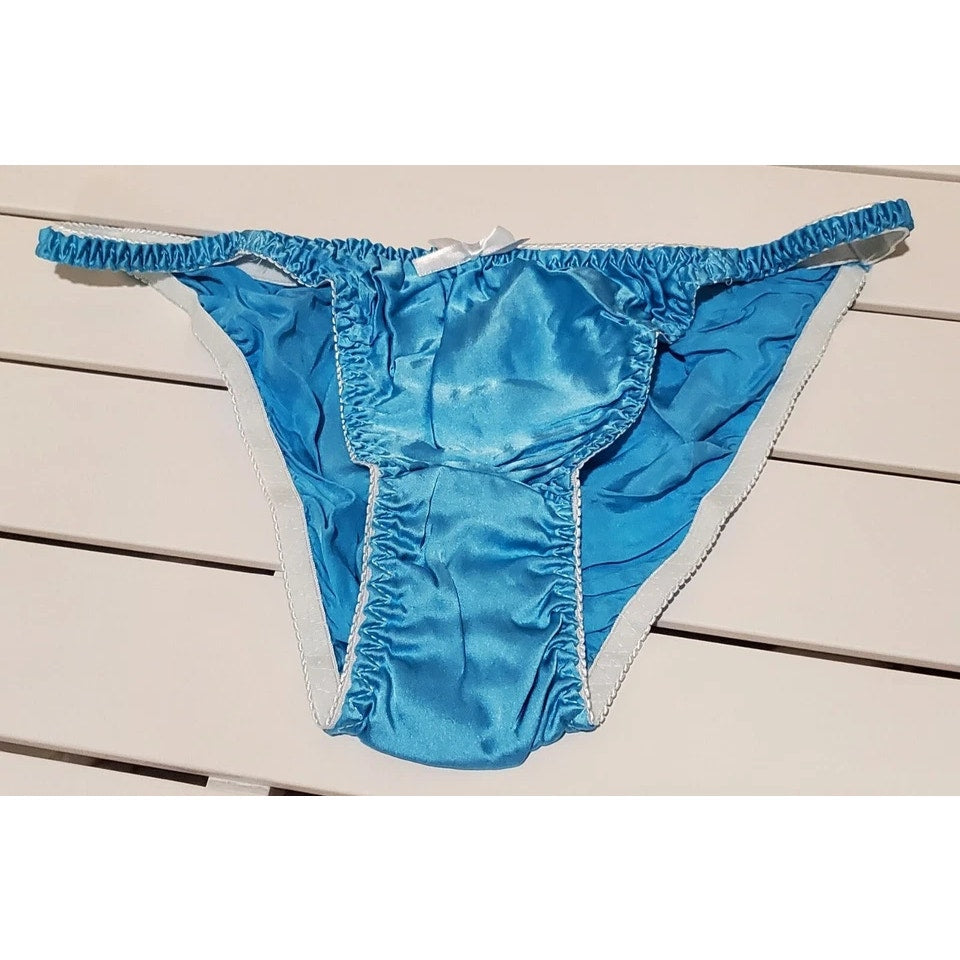 Liquid Satin String Bikini Panty Shiny Double Silk Gusset Vivid Sky Blue 8/XL
