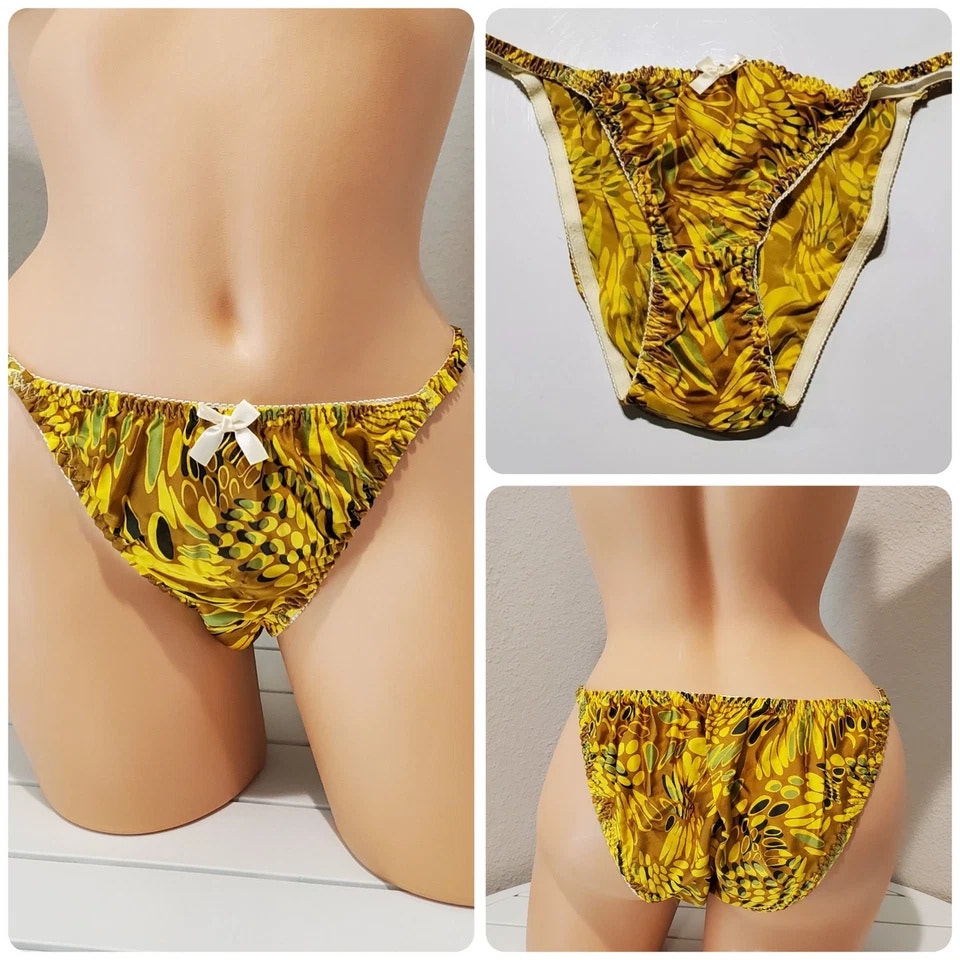 Liquid Satin String Bikini Panty Shiny Double Silk Gusset Sunshine Yellow Print