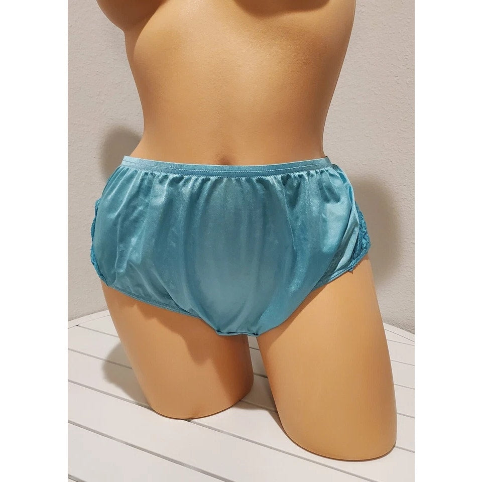 Shadowline 11182 Lace Insets Bikini Panty Shiny Nylon Full Cut Silky Blue Pixie