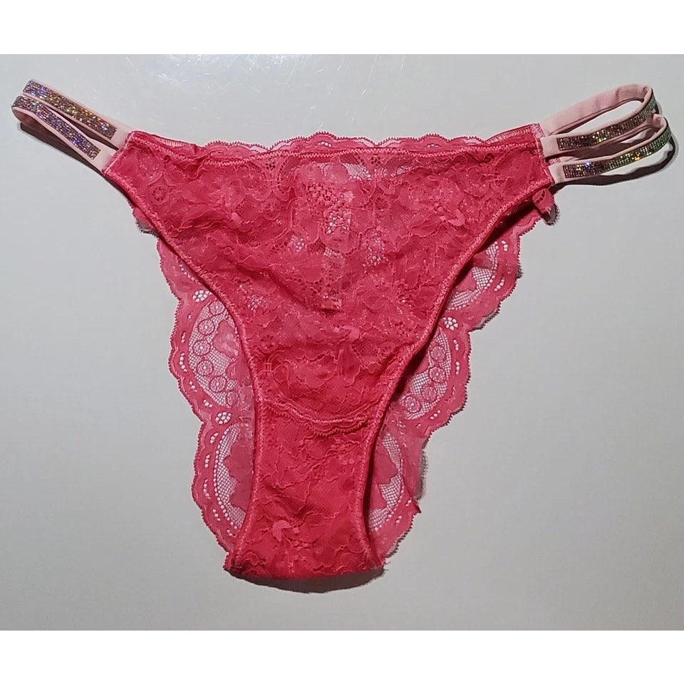 Victoria's Secret Double Shine Strap Brazilian Panty All Lace Fire Pink 9/2XL