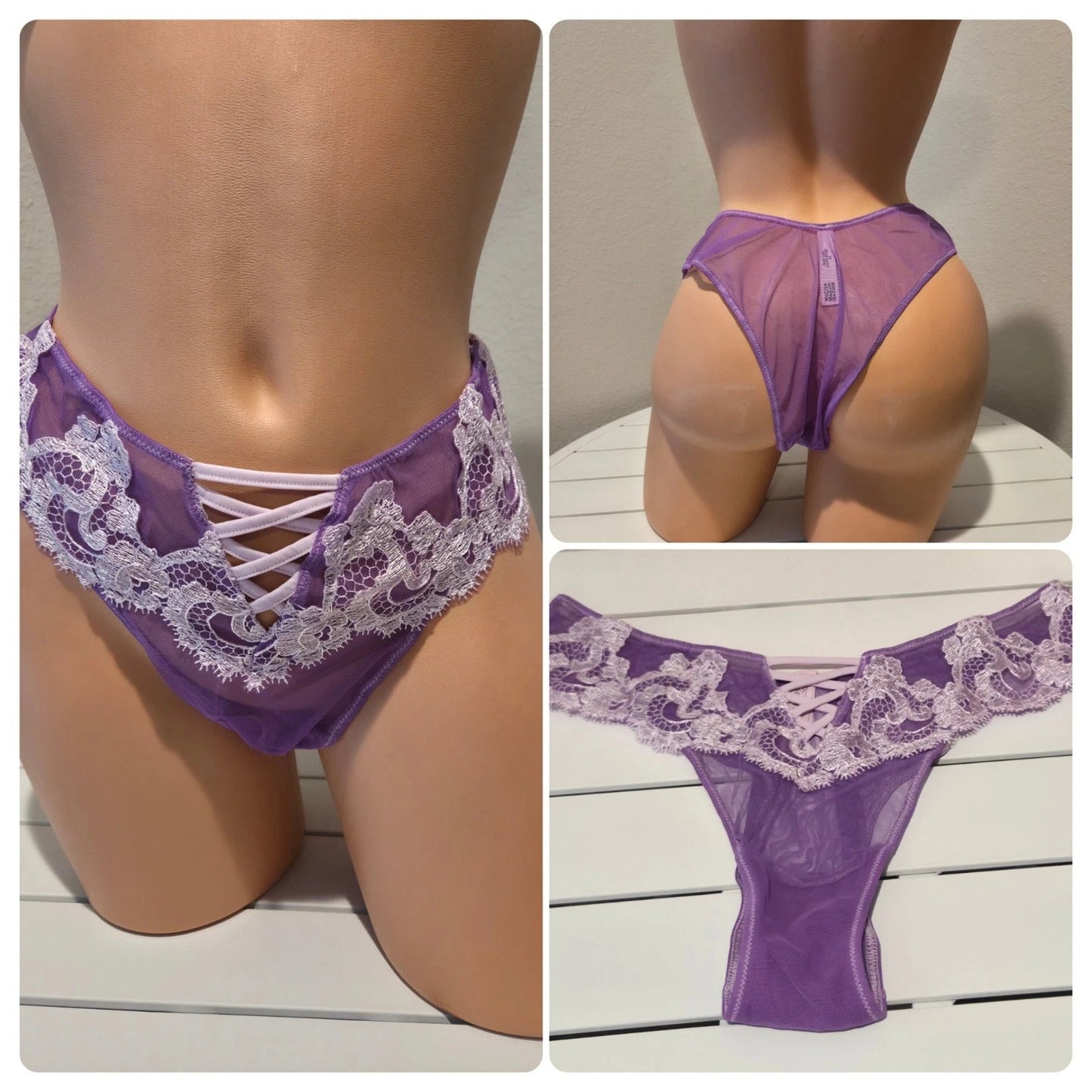 Victoria's Secret Brazilian Panty Floral Lace Embroidered Sheer Plasma Purple 7/L