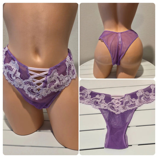 Victoria's Secret Brazilian Panty Floral Lace Embroidered Sheer Plasma Purple 7/L - Star Vintage & More Star Vintage And More LLC