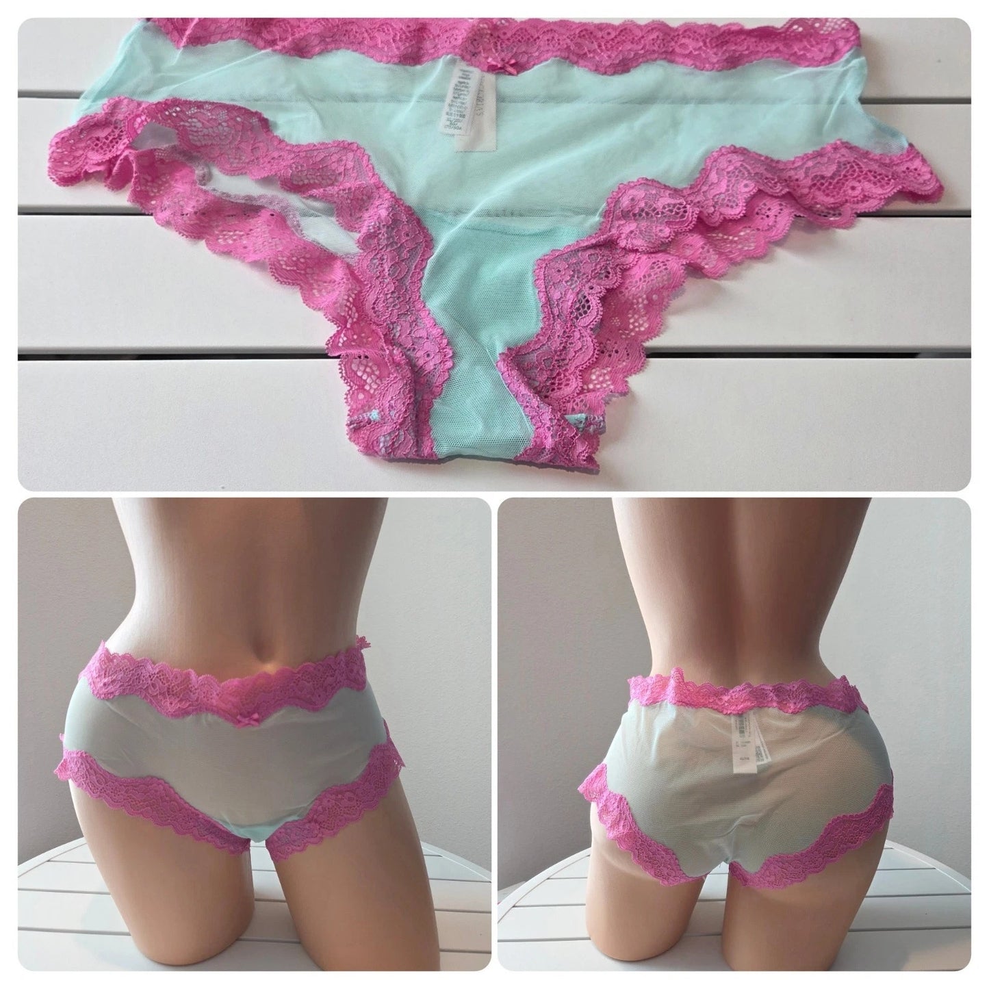 Victoria's Secret Tease Cheekini Bikini Panty Semi Sheer Lace Aqua Blue Pink 8