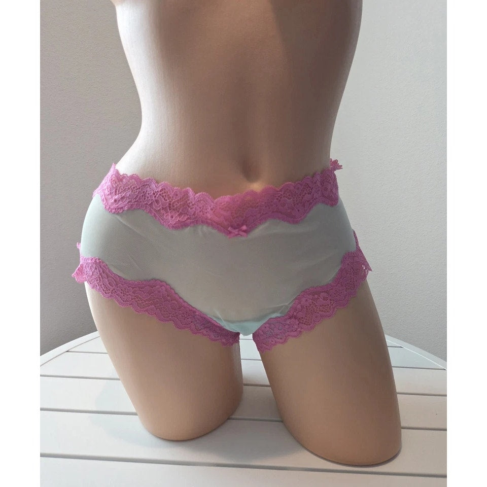 Victoria's Secret Tease Cheekini Bikini Panty Semi Sheer Lace Aqua Blue Pink 8