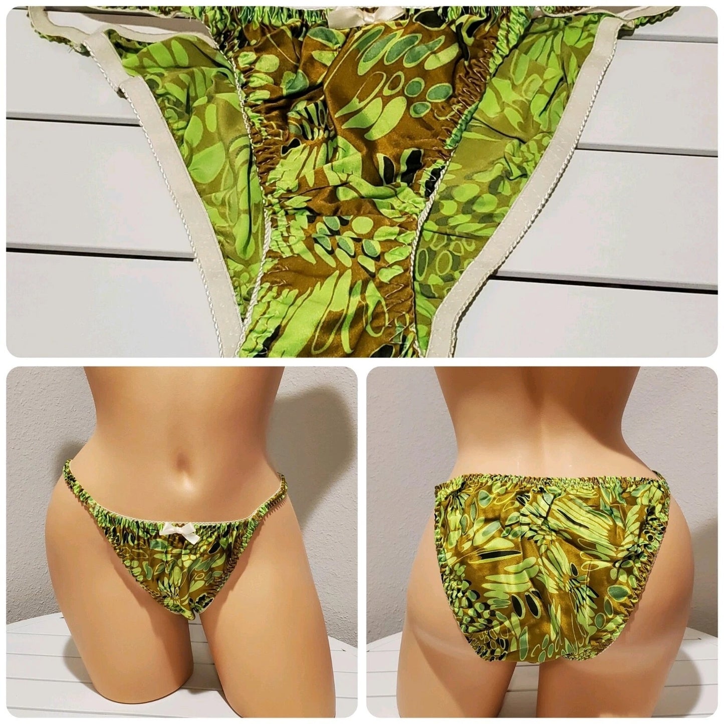 Liquid Satin String Bikini Panty Shiny Double Silk Gusset Apple Green Print