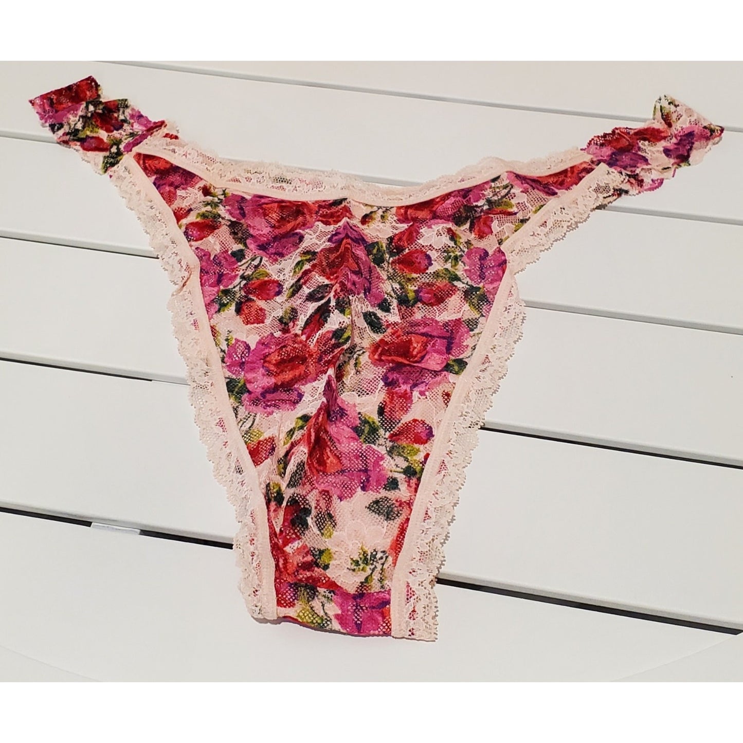 Victoria's Secret All Lace Brazilian Panty Semi Sheer Floral Print Pink 8/XL