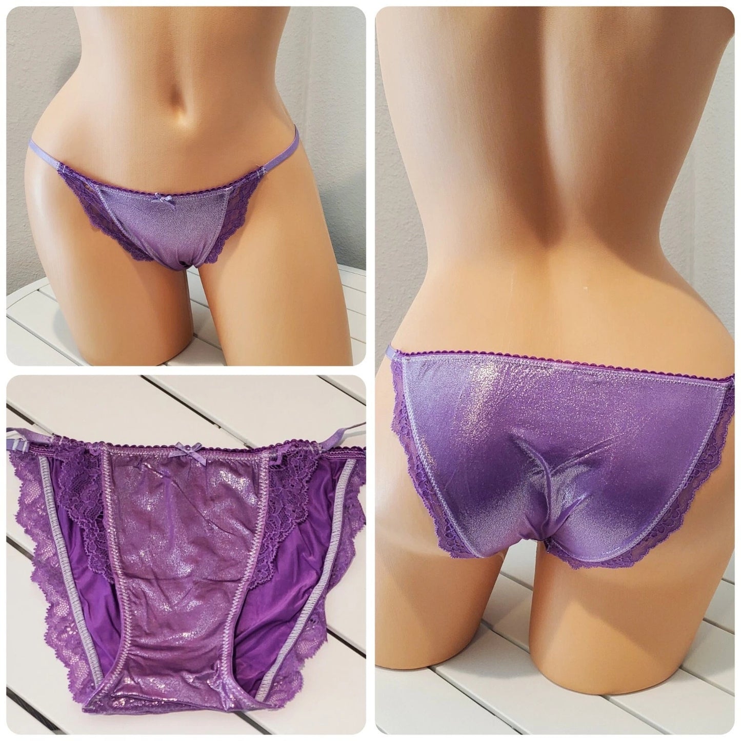 Victoria's Secret Dream Angels String Bikini Panty Shiny Lace Purple Foxglove XS