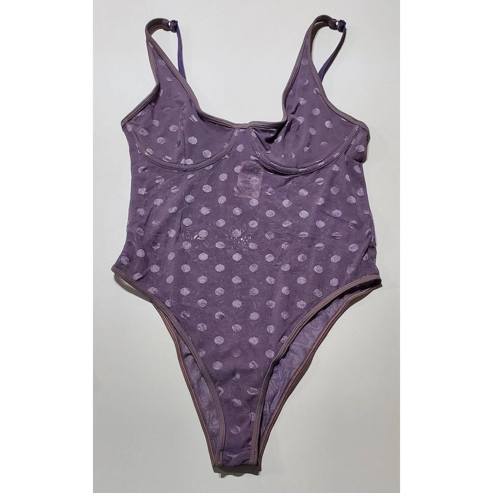 Victoria's Secret PINK Bodysuit Lingerie Polka Dot Snap Gusset Plum Purple 6/M