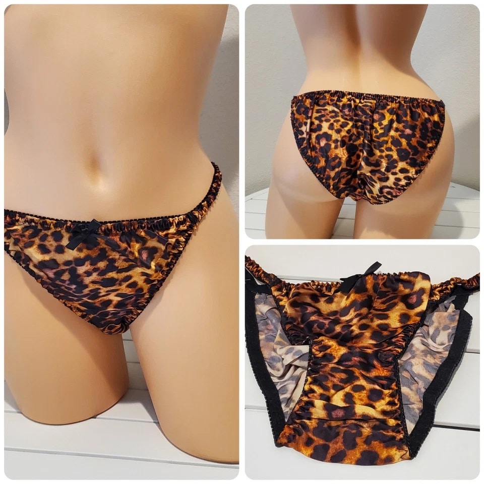 Liquid Satin String Bikini Panty Shiny Double Silk Gusset Hot Leopard Print 5/S