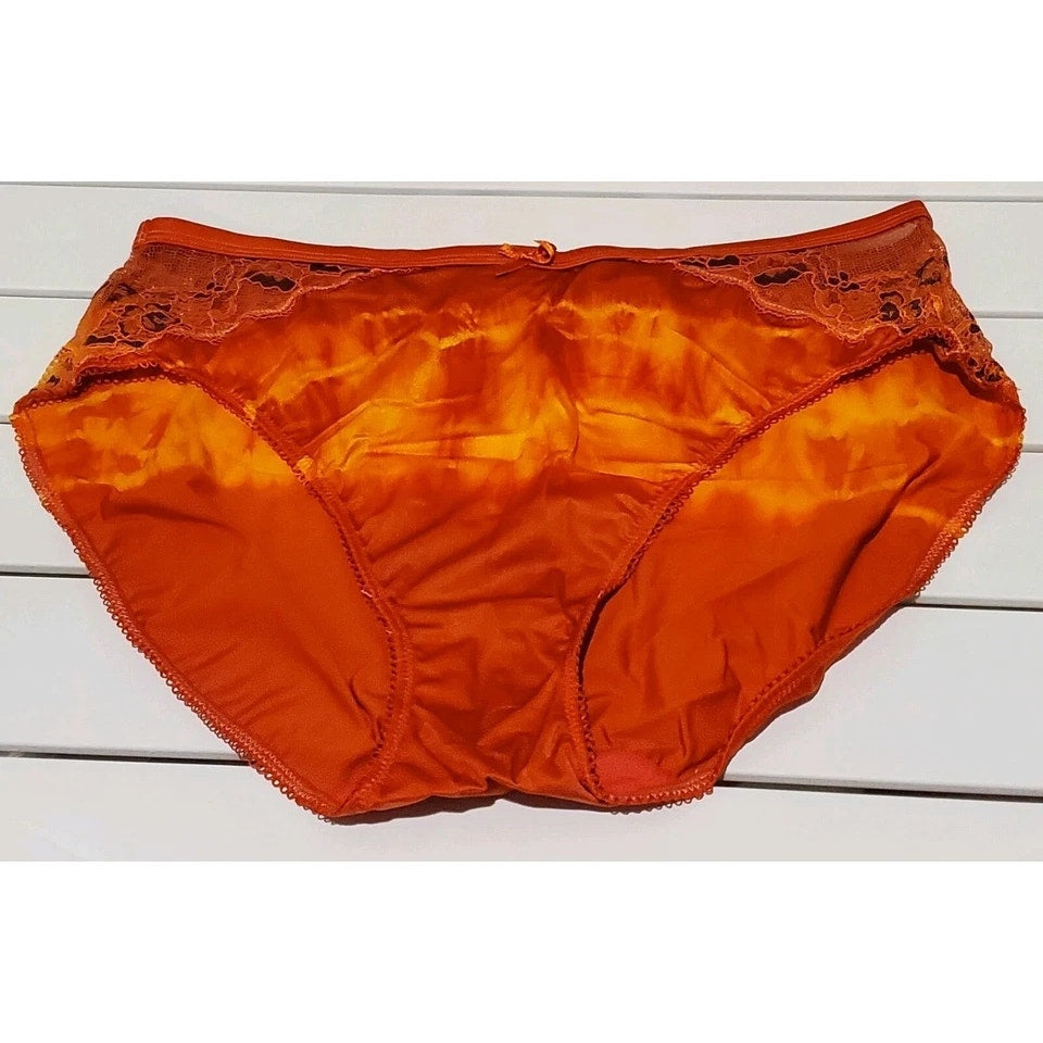 Ambrielle High Cut Panty Shiny Satin Floral Lace Burnt Orange Rainbow Shift 7/L