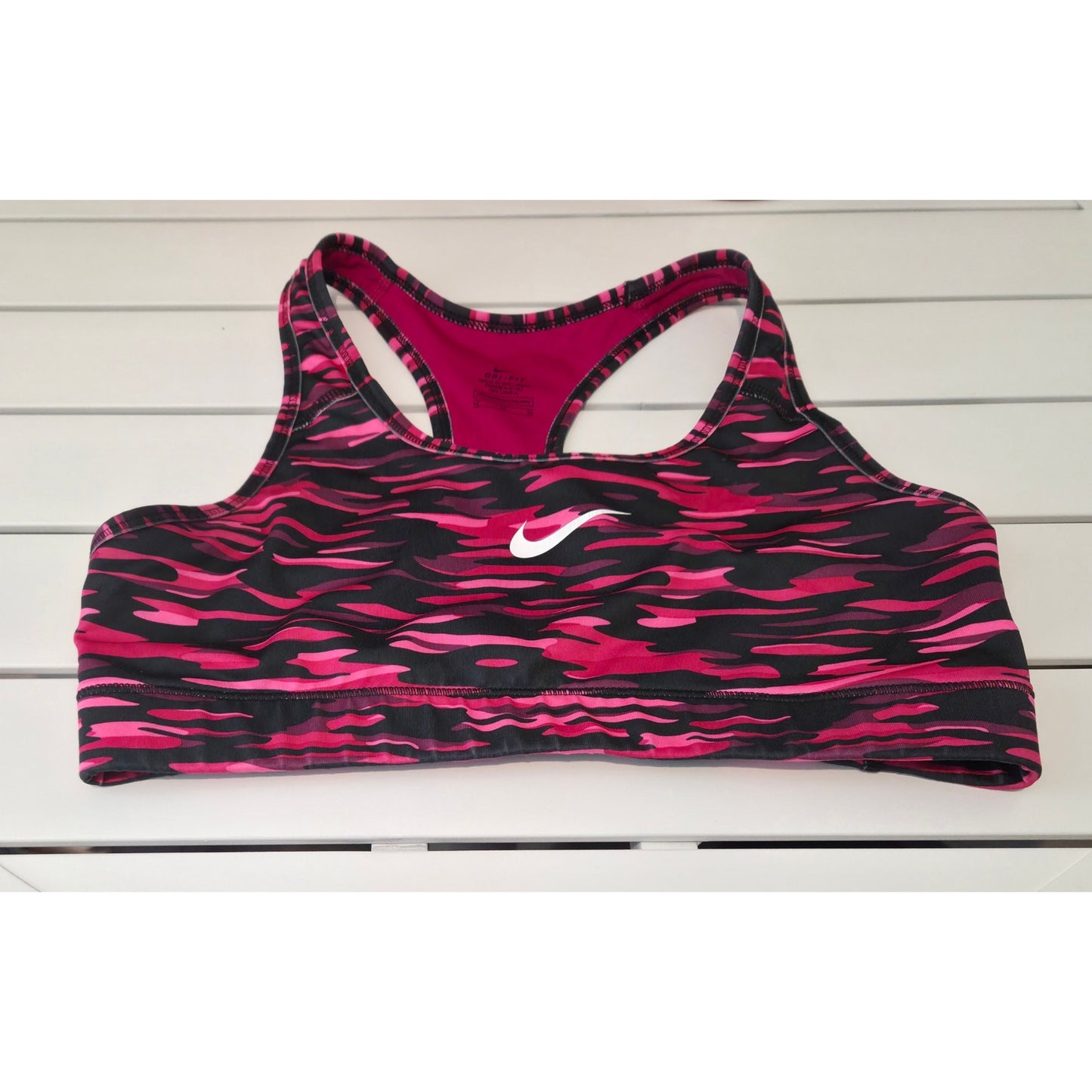 Nike Dri-FIT Polyester Racerback Sports Bra Moisture Wicking Pink Geo Print Sz M