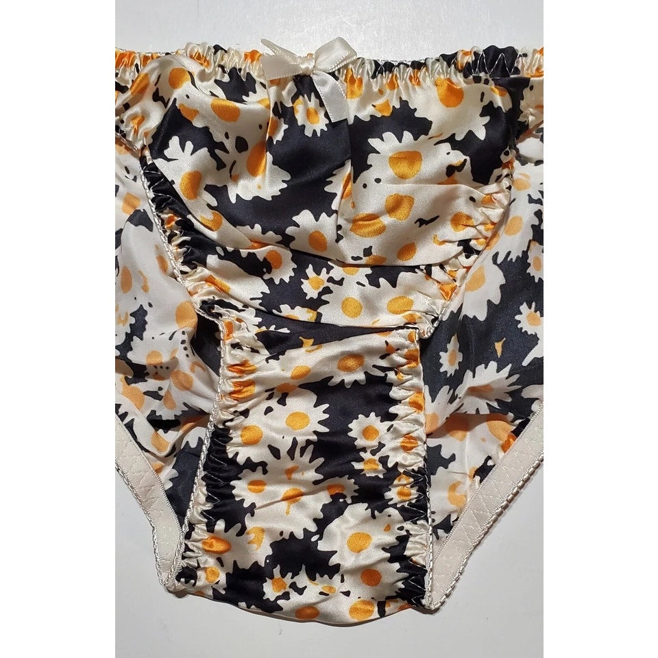 Liquid Satin String Bikini Panty Shiny Double Silk Floral Print Yellow Daisy