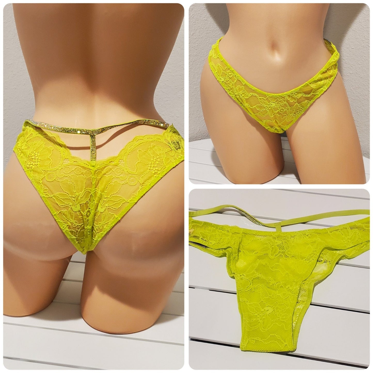 Victoria's Secret Shine Brazilian Panty All Lace Y-Back Strap Bright Green 6/M