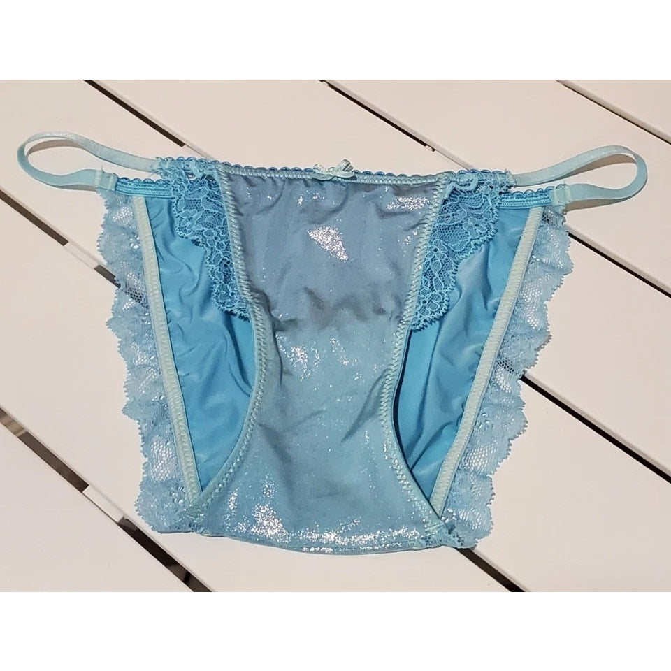 Victoria's Secret Dream Angels String Bikini Panty Shiny Lace Trim Frost Blue XS