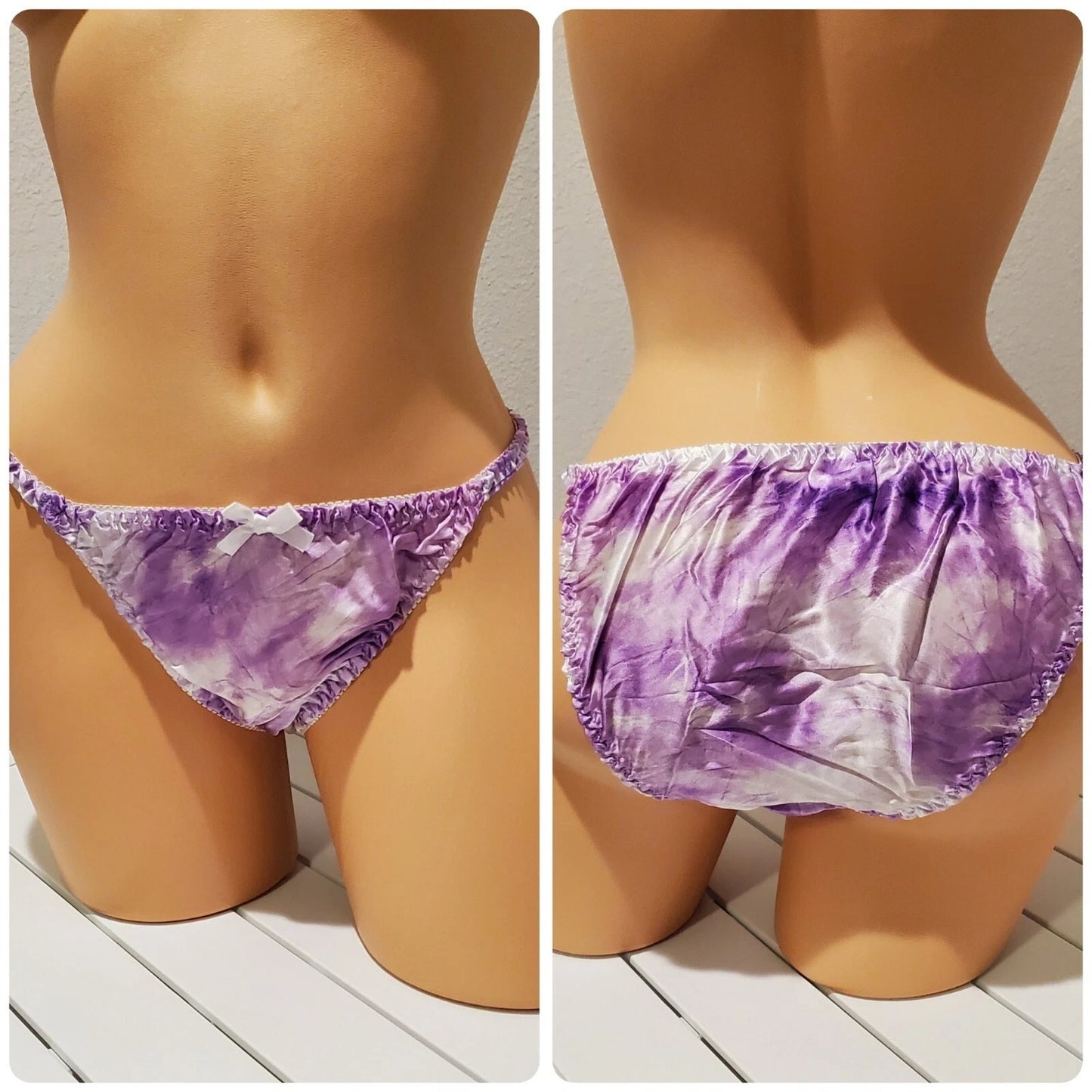 Liquid Satin String Bikini Panty Shiny Double Silk Gusset Print Purple Cloud