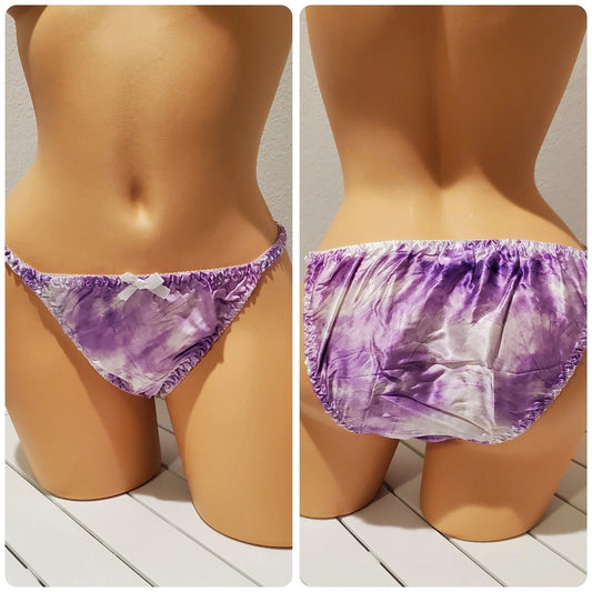 Liquid Satin String Bikini Panty Shiny Double Silk Gusset Print Purple Cloud Star Vintage And More LLC