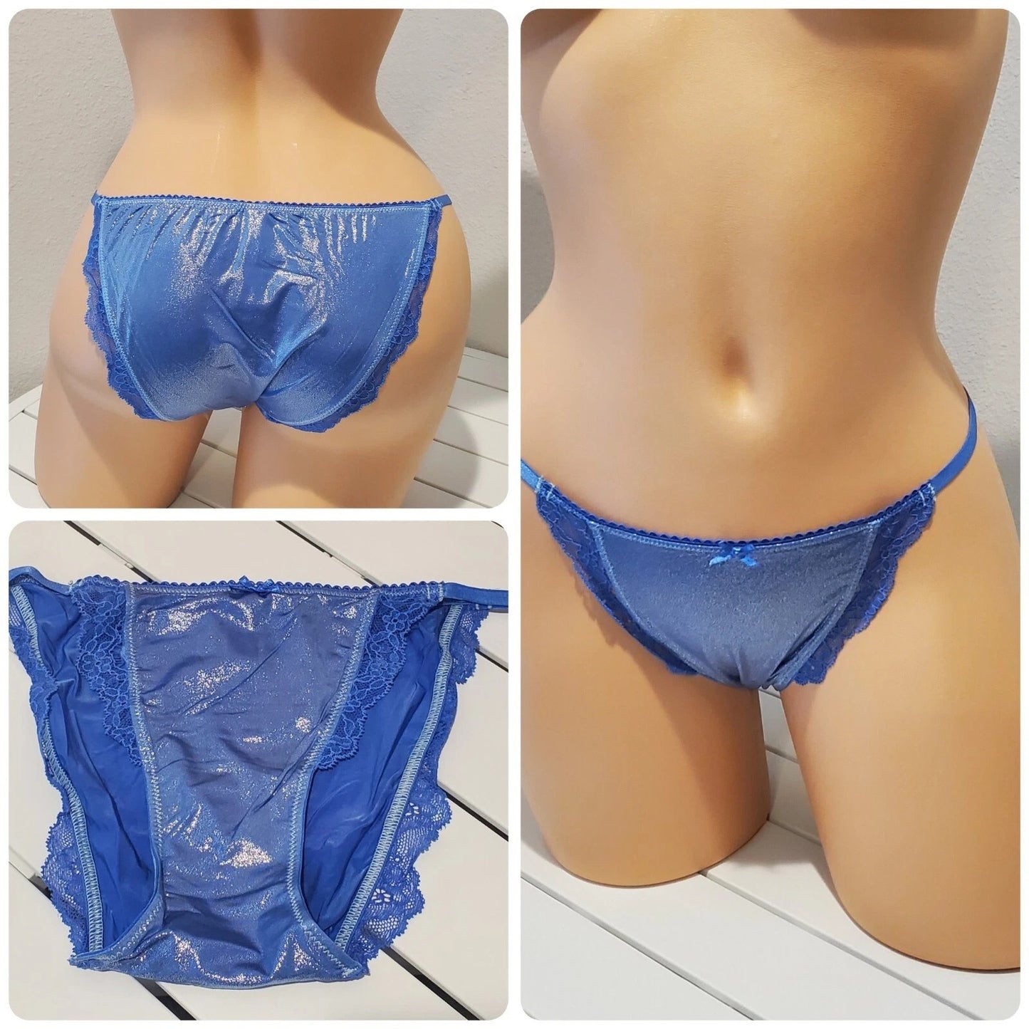 Victoria's Secret Dream Angels String Bikini Panty Shiny Lace Trim Blue Eyes 4/XS