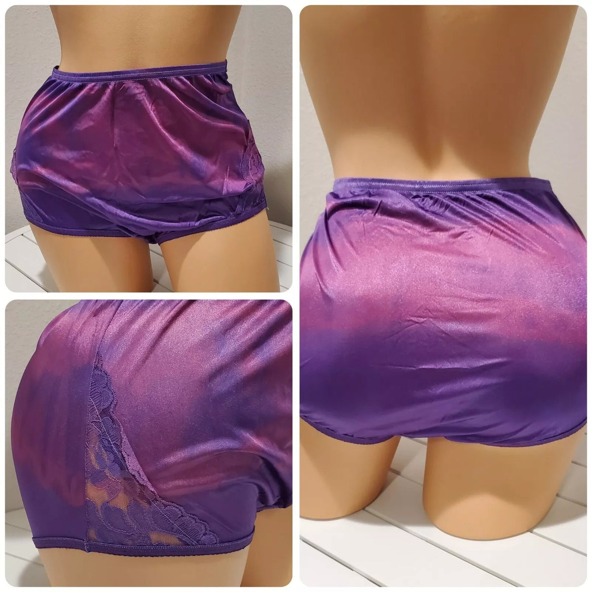 Vanity Fair Lace Nouveau Nylon Panty Shiny Fuscia Pink On Purple Rainbow Shift