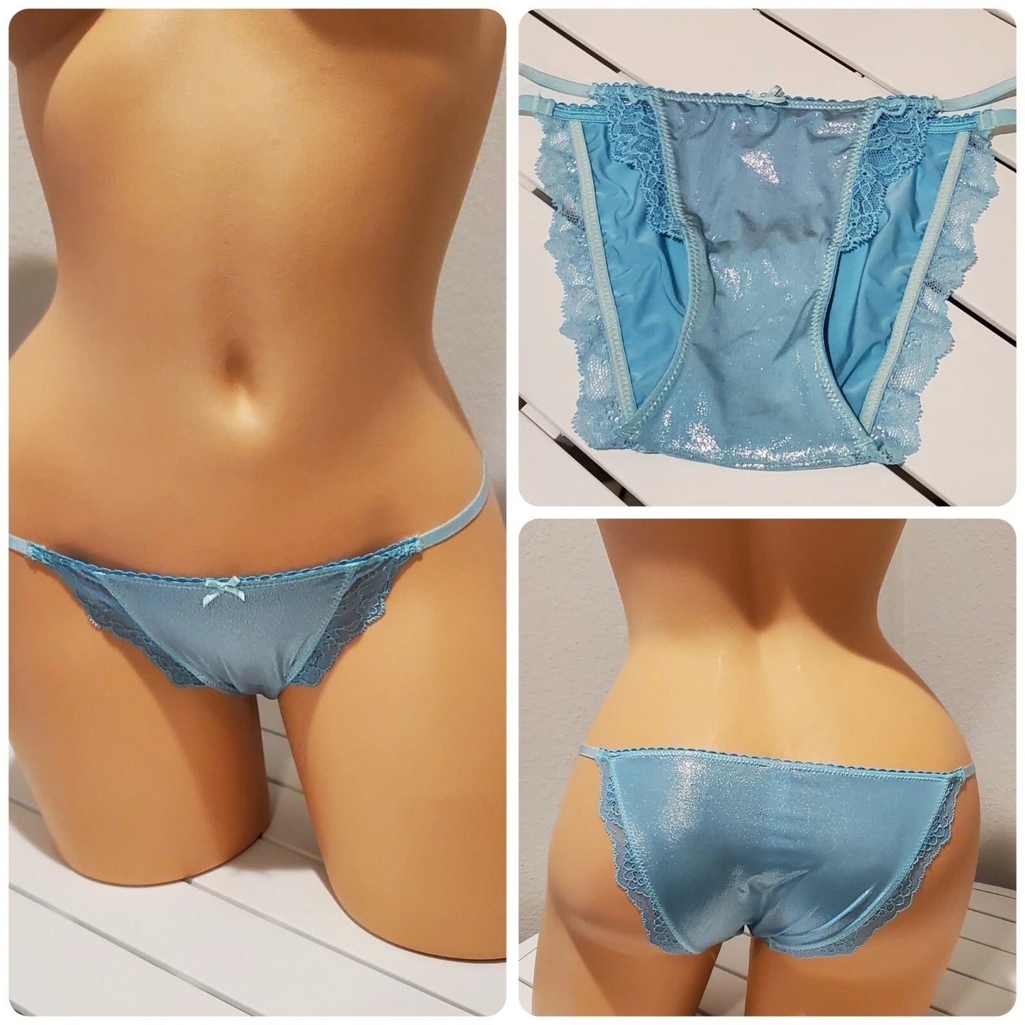 Victoria's Secret Dream Angels String Bikini Panty Shiny Lace Trim Frost Blue XS