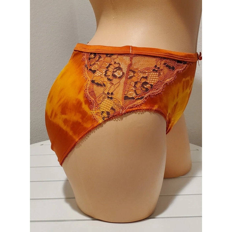 Ambrielle High Cut Panty Shiny Satin Floral Lace Burnt Orange Rainbow Shift 7/L