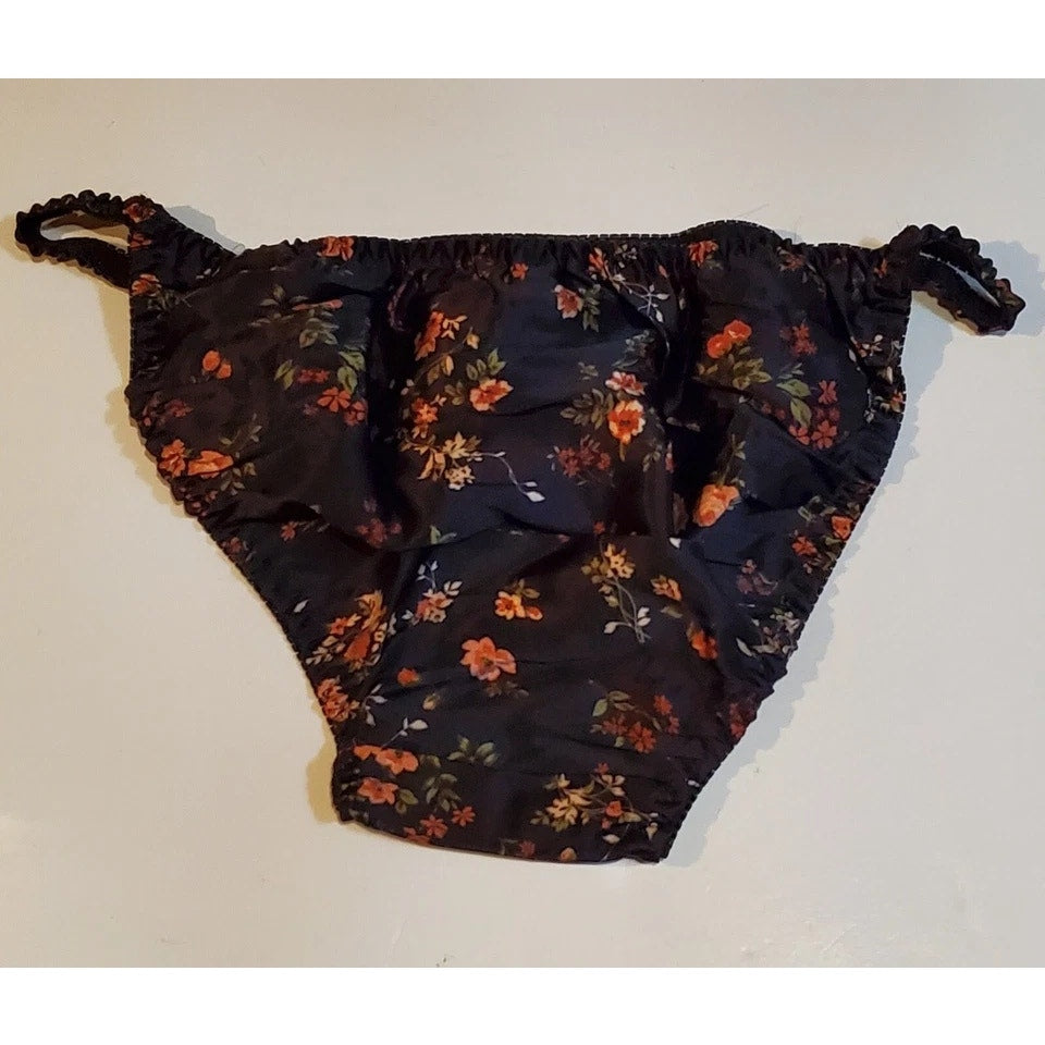 Liquid Satin String Bikini Panty Double Silk Gusset Black Little Floral Print 6