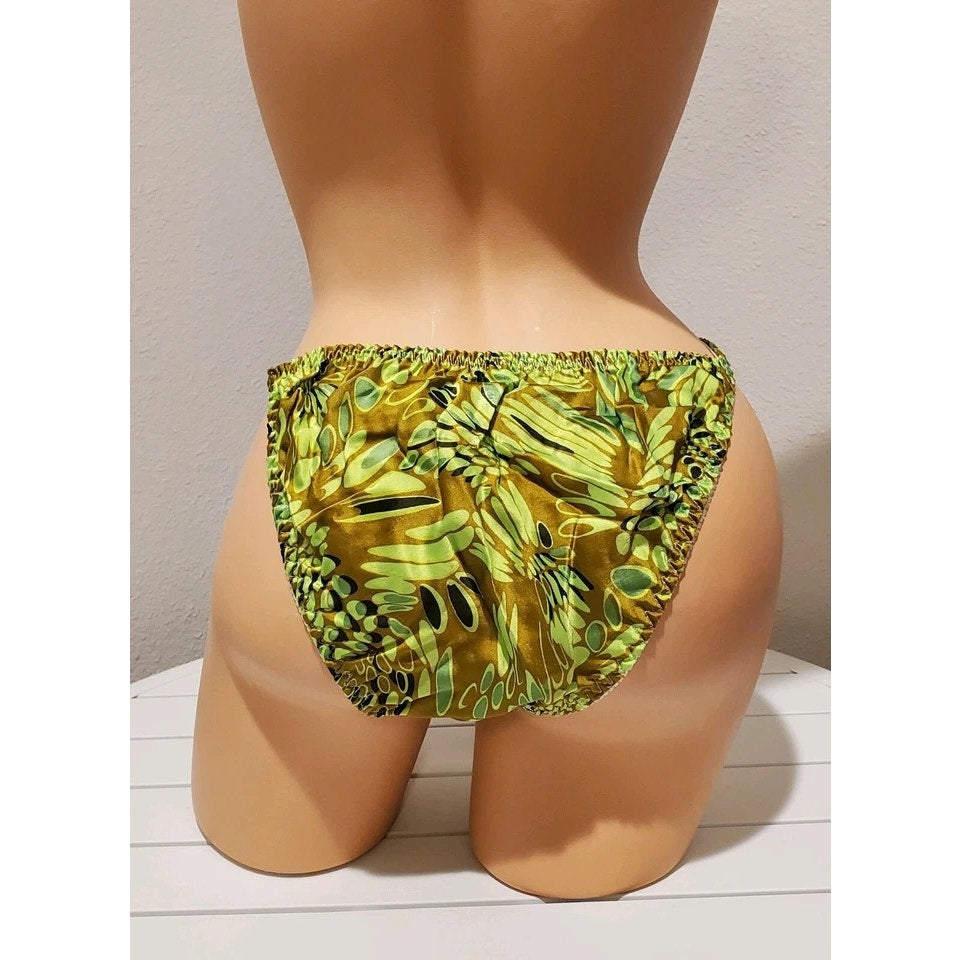 Liquid Satin String Bikini Panty Shiny Double Silk Gusset Apple Green Print