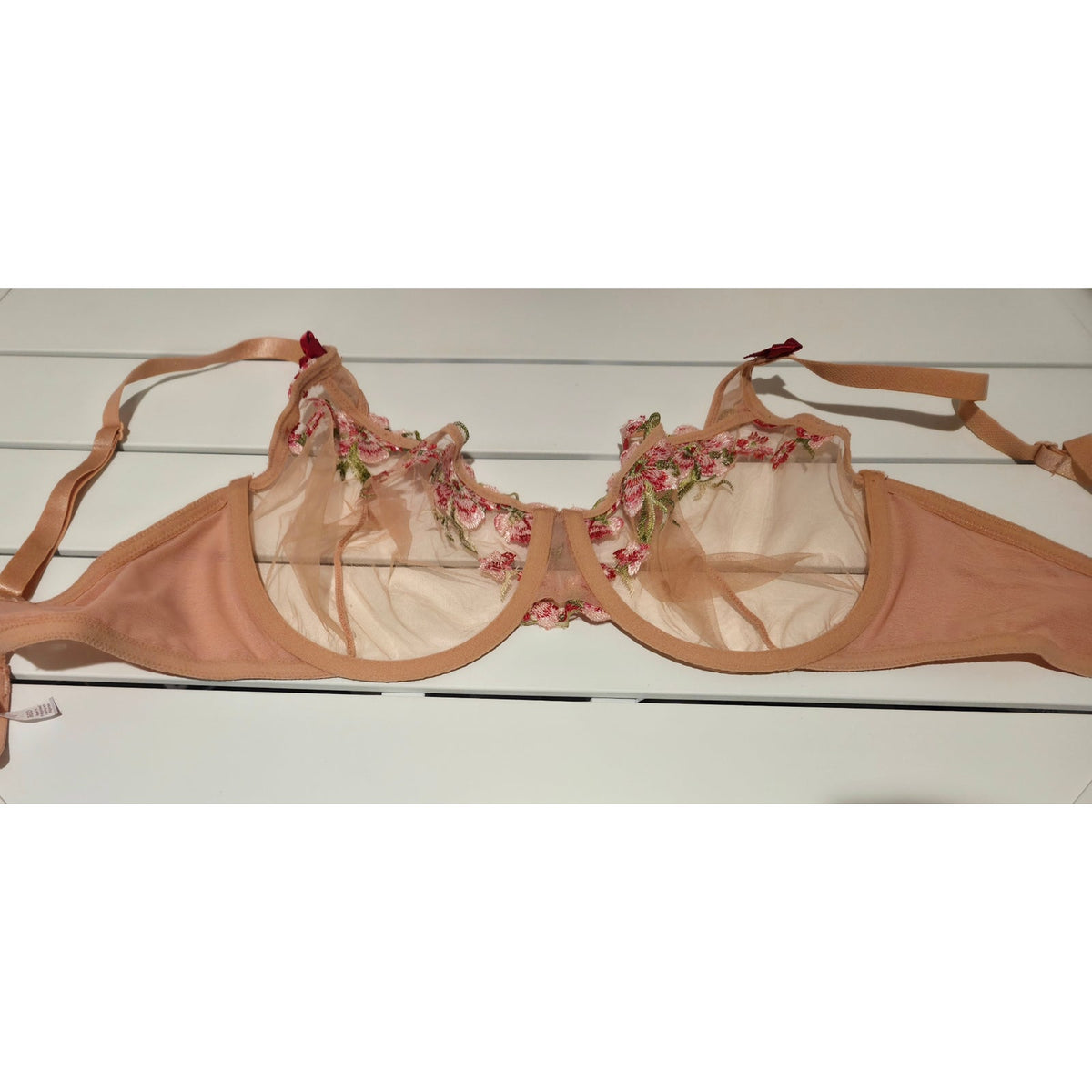 Adored by Adore Me Bra 36DD Peach Pink Sheer Floral Lace Unlined Underwire