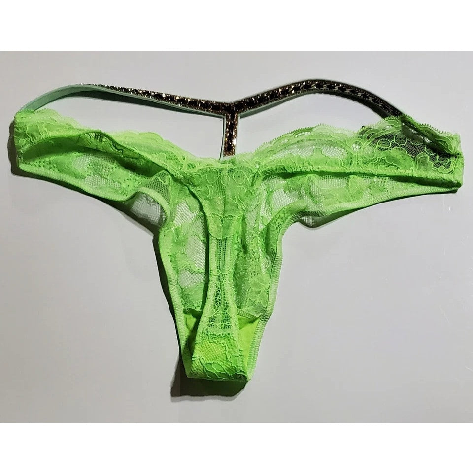 Victoria's Secret Shine Strap Y-Back Thong Panty All Lace Sheer Citron Green 6/M