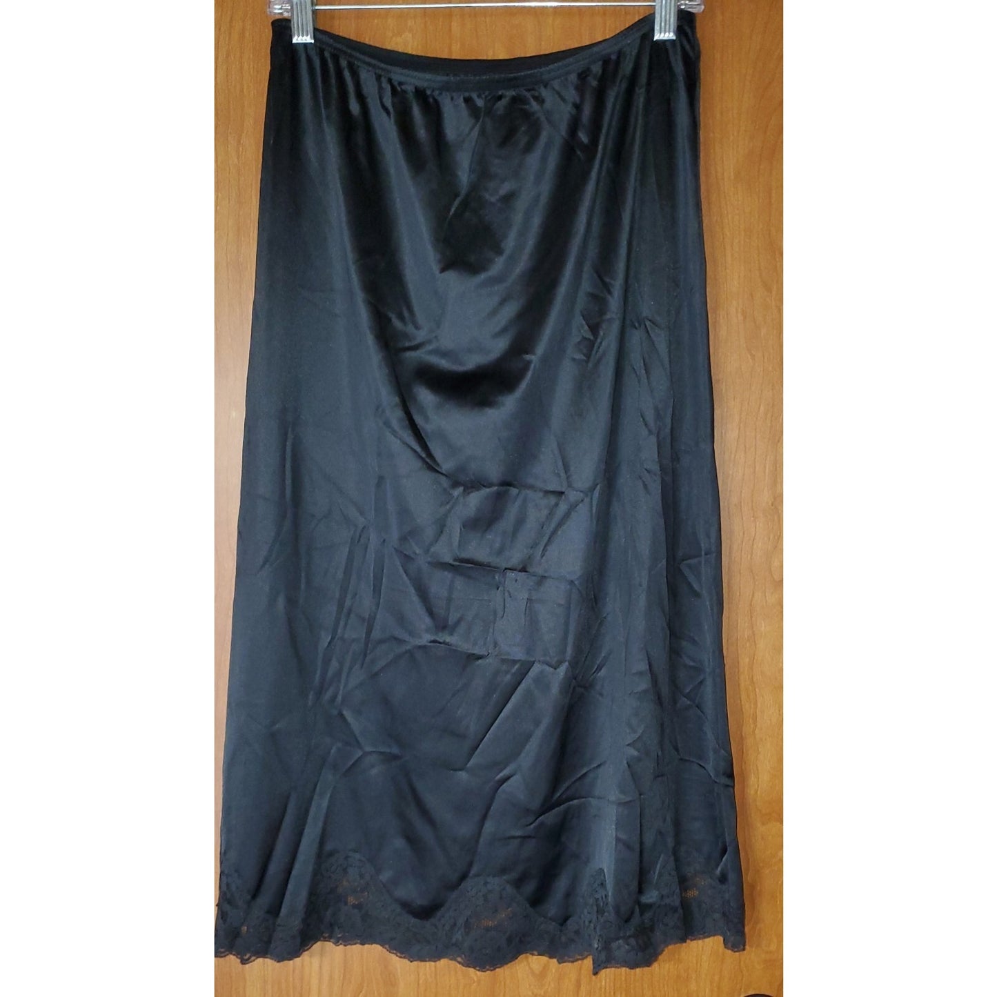 Body Lites Vintage Silky Nylon Half Slip Side Slit Lace Trim Black L/32