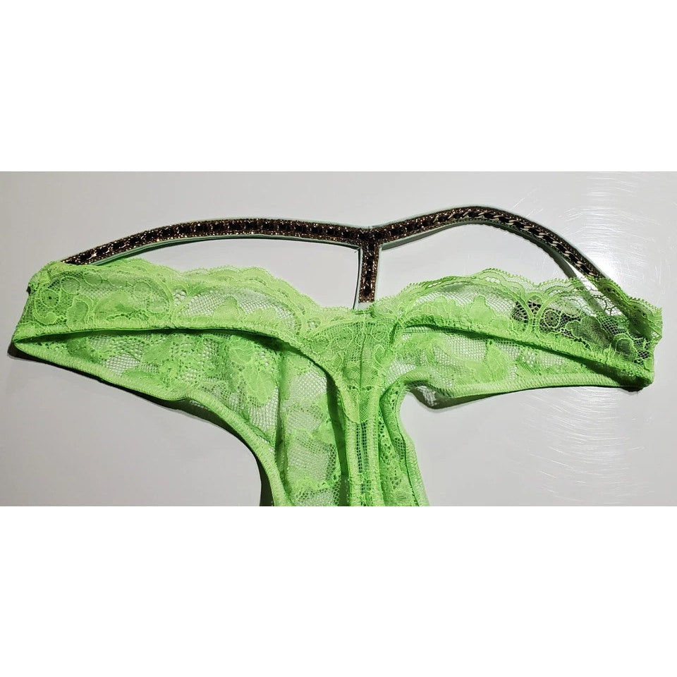 Victoria's Secret Shine Strap Y-Back Thong Panty All Lace Sheer Citron Green 6/M