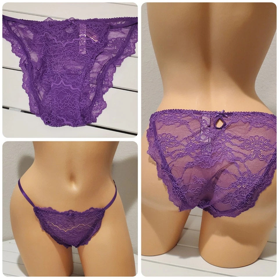 Victoria's Secret Dream Angels String Bikini Panty All Lace Shiny Purple 6/M