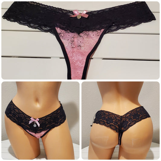 Vivly Bodas Semi Sheer Lace Thong Panty Pink Black 7/L Star Vintage And More LLC
