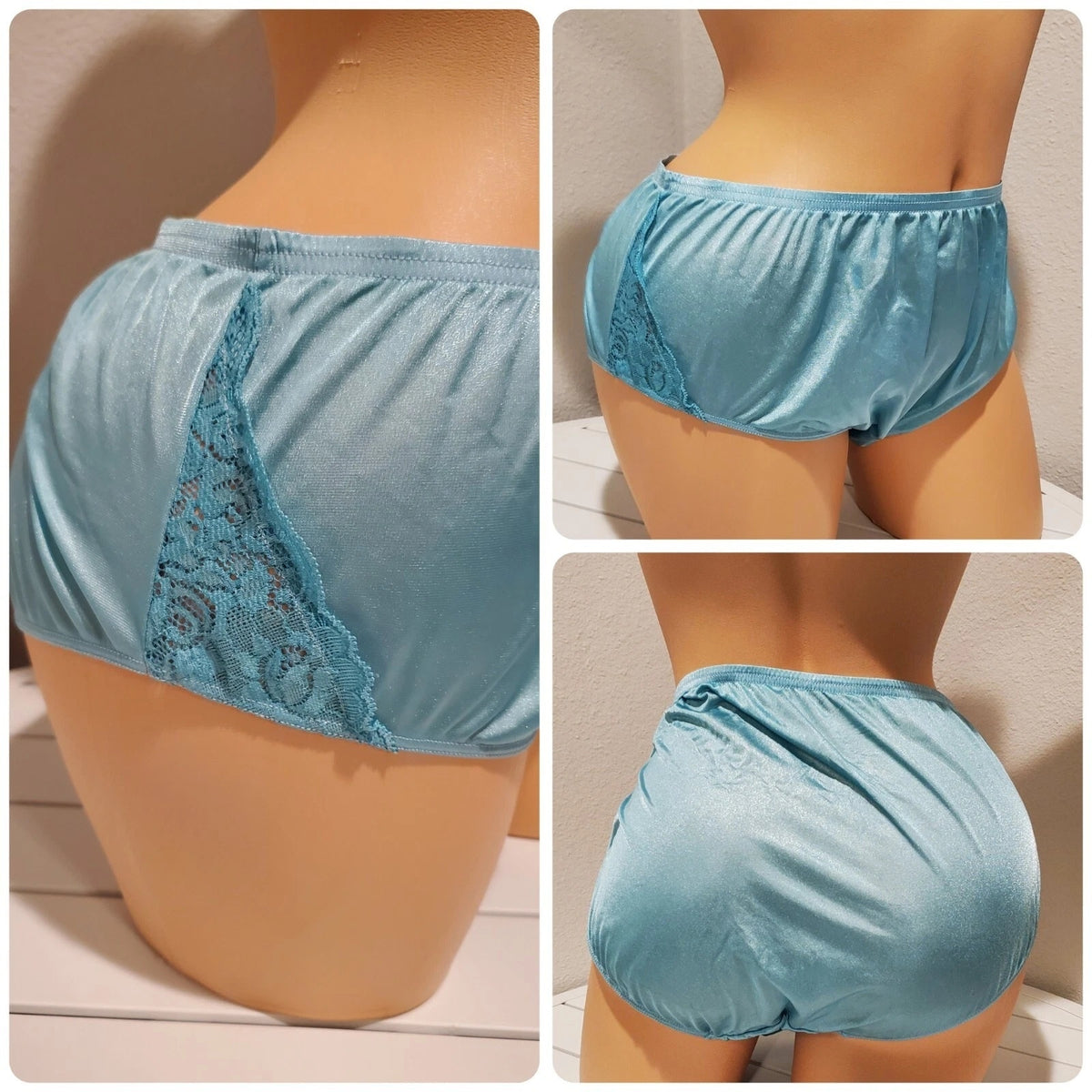 Shadowline 11182 Lace Insets Bikini Panty Shiny Nylon Full Cut Capri Blue 10/3XL
