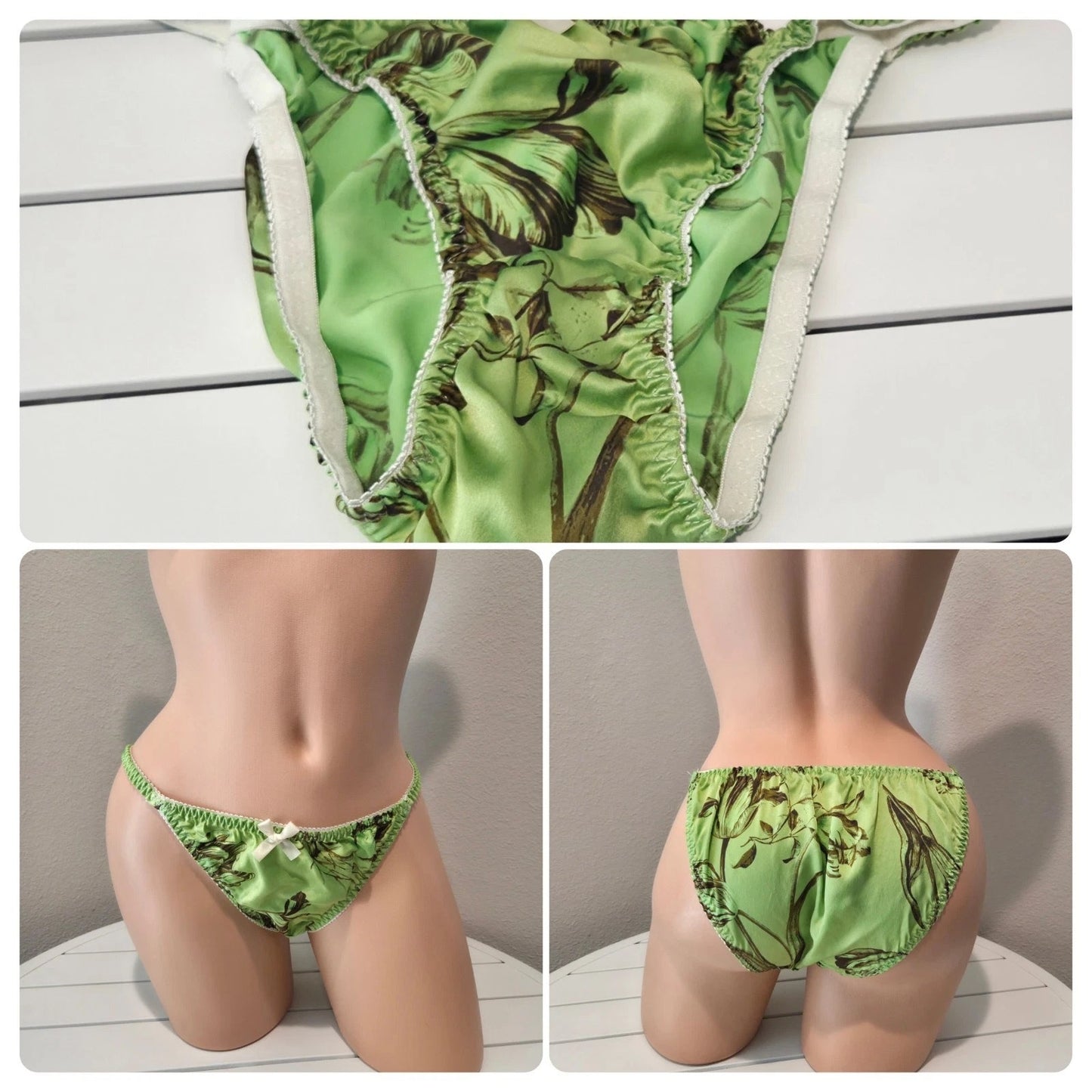 Liquid Satin String Bikini Panty Double Silk Gusset Floral Print Vibe Green