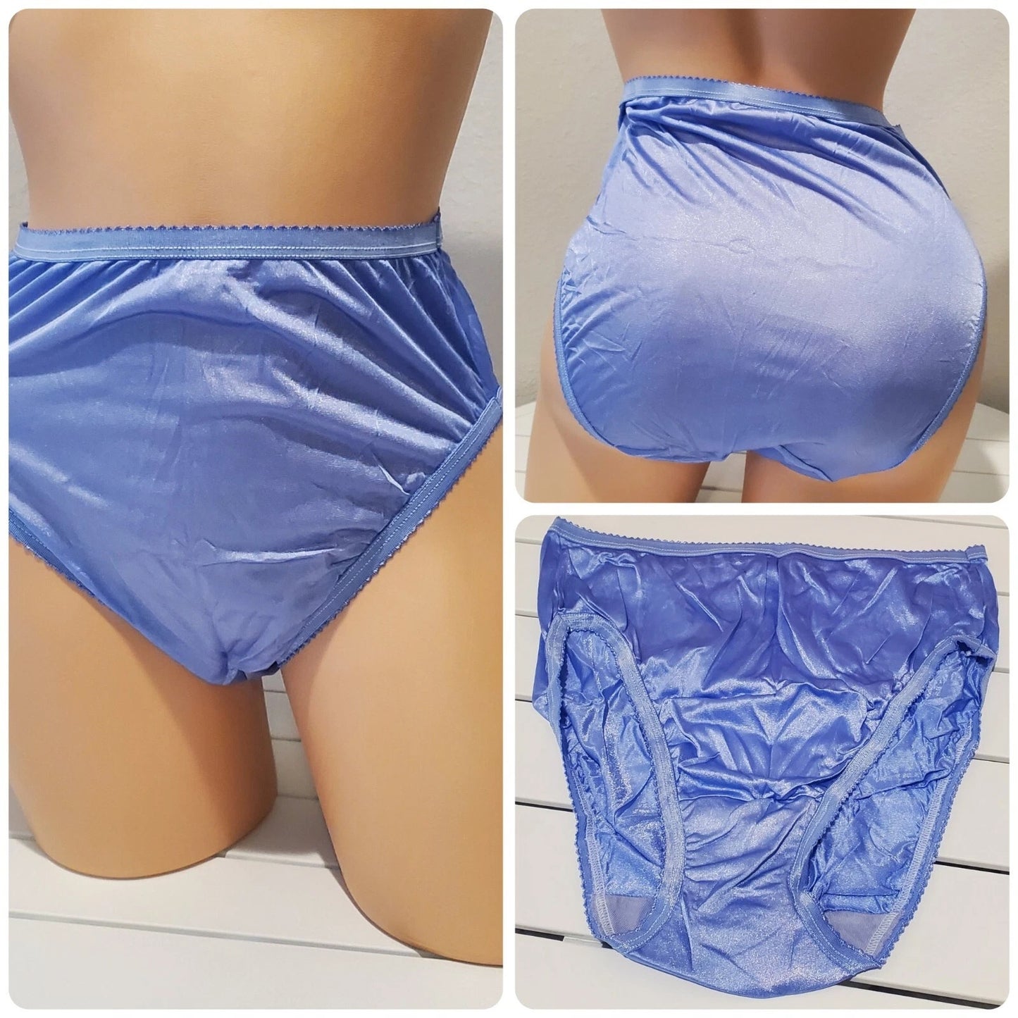 Shadowline 17842 Women's Hi Cut Panty Shiny Nylon Brief Full Coverage Blue Eyes
