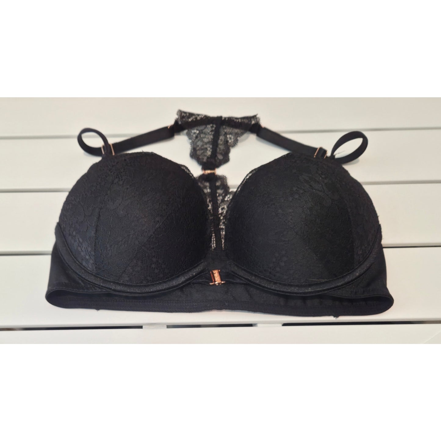 Victoria's Secret PINK Date Push-Up Bra Lace Gold Hardware Black Size 32C