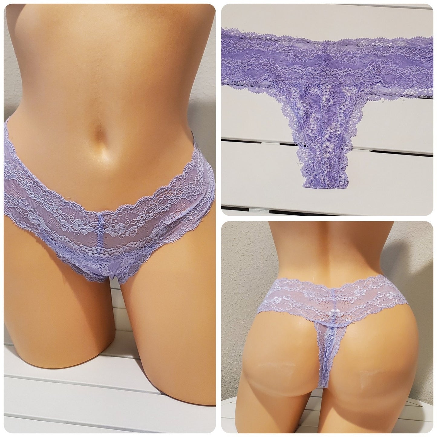 Mamia LP7980LT2 Satin Stretch Lace Thong Panty Semi Sheer Bright Purple 6/M